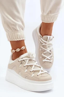 Boto Buty Sportowe Na Platformie|Sneakersy Damskie*Damskie Sneakersy Z Grubym Sznurowaniem Beżowe Vinali