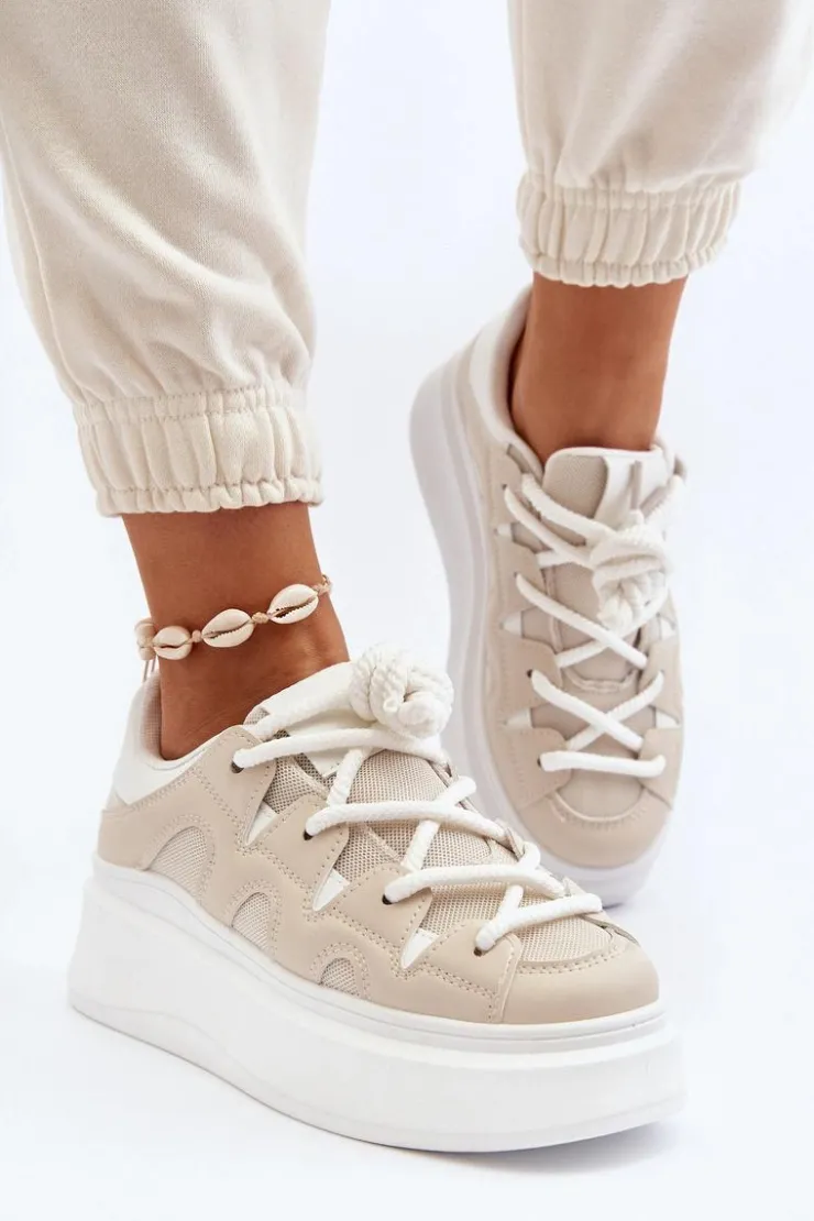 Boto Buty Sportowe Na Platformie|Sneakersy Damskie*Damskie Sneakersy Z Grubym Sznurowaniem Beżowe Vinali
