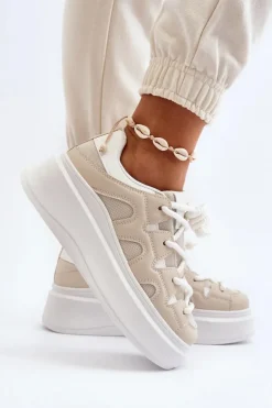 Boto Buty Sportowe Na Platformie|Sneakersy Damskie*Damskie Sneakersy Z Grubym Sznurowaniem Beżowe Vinali