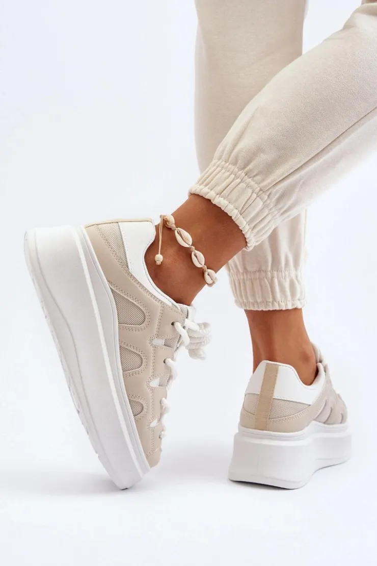 Boto Buty Sportowe Na Platformie|Sneakersy Damskie*Damskie Sneakersy Z Grubym Sznurowaniem Beżowe Vinali