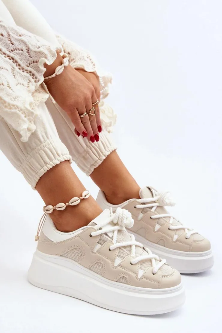 Boto Buty Sportowe Na Platformie|Sneakersy Damskie*Damskie Sneakersy Z Grubym Sznurowaniem Beżowe Vinali