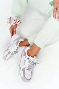 Big Star Shoes Trampki Damskie Big Star|Big Star*Damskie Sportowe Buty Memory Foam Big Star HH274255 Biało-Fioletowe