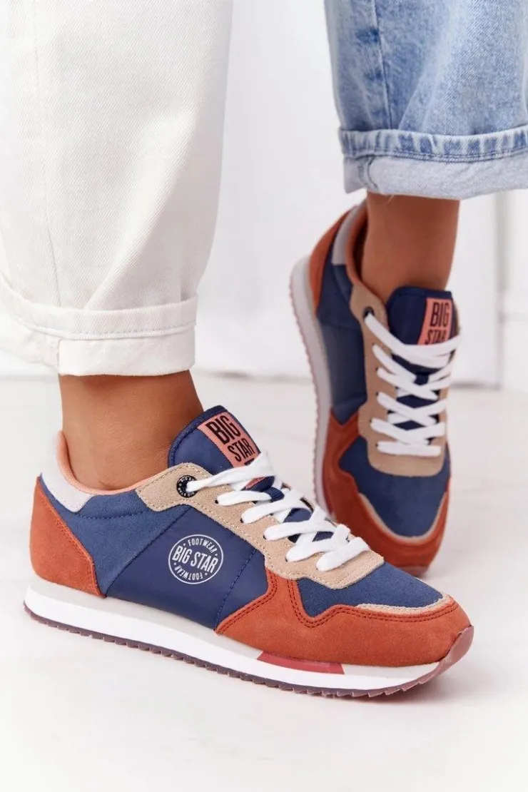 Big Star Shoes Trampki Damskie Big Star|Big Star*Damskie Sportowe Buty Memory Foam Big Star HH274567 Niebiesko-Pomarańczowe
