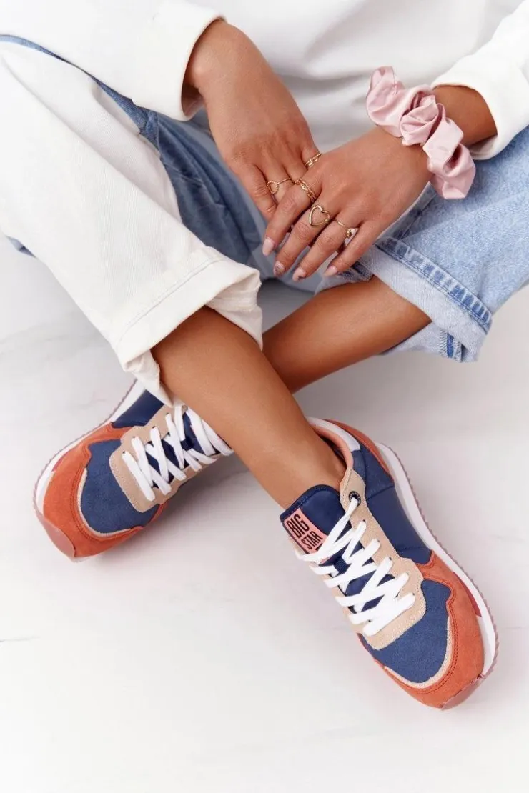 Big Star Shoes Trampki Damskie Big Star|Big Star*Damskie Sportowe Buty Memory Foam Big Star HH274567 Niebiesko-Pomarańczowe