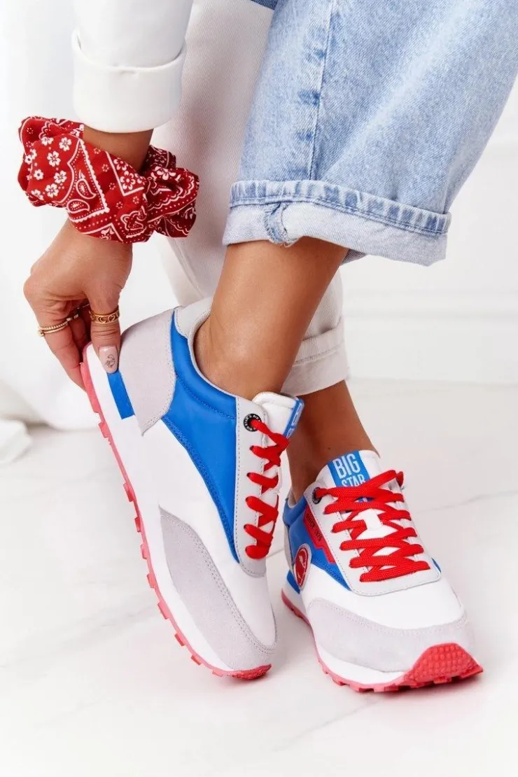 Big Star Shoes Trampki Damskie Big Star|Big Star*Damskie Sportowe Buty Memory Foam Big Star HH274526 Biało-Niebieskie