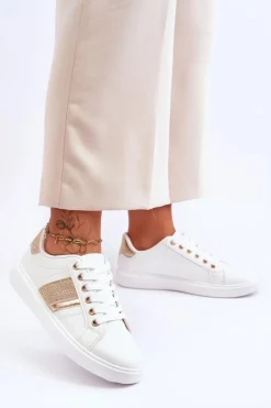 Boto Buty Sportowe Na Platformie|Sneakersy Damskie*Damskie Sportowe Buty Z Dżetami Biało-Złote Axelle