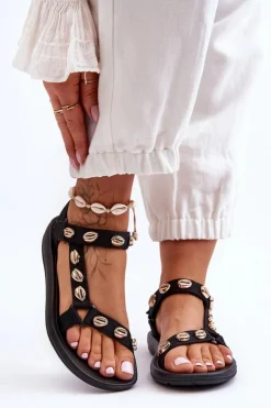 Boto Sandały Płaskie*Damskie Sportowe Sandały Ozdobne Złote Muszle Czarne Conner