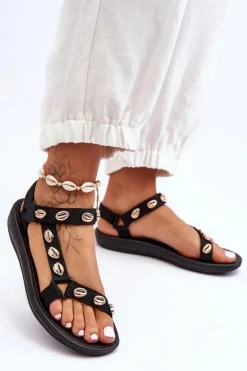 Boto Sandały Płaskie*Damskie Sportowe Sandały Ozdobne Złote Muszle Czarne Conner