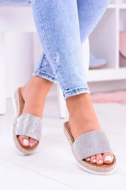 Boto Klapki Damskie Klasyczne*Damskie Srebrne Klapki Lu Boo Cyrkonie ShineMadam