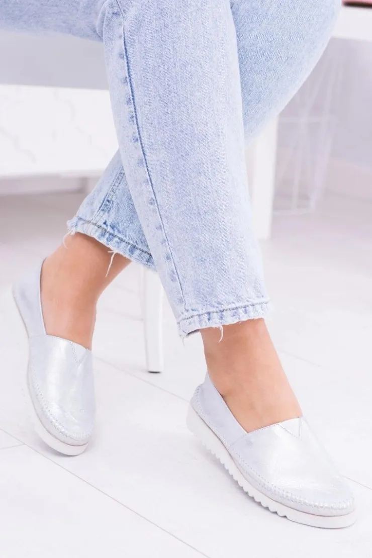 Damskie Boto Damskie Srebrne Skórzane Slip On Frela