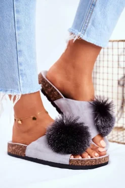 Discount Boto Damskie Szare Klapki Na Korku z Pomponem Galaxo