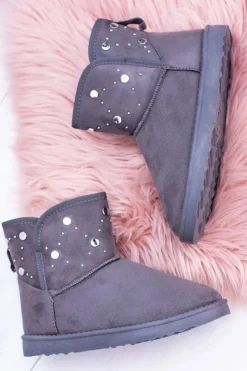 Boto Damskie Szare Ocieplane Botki Śniegowce Zamsz Biggy