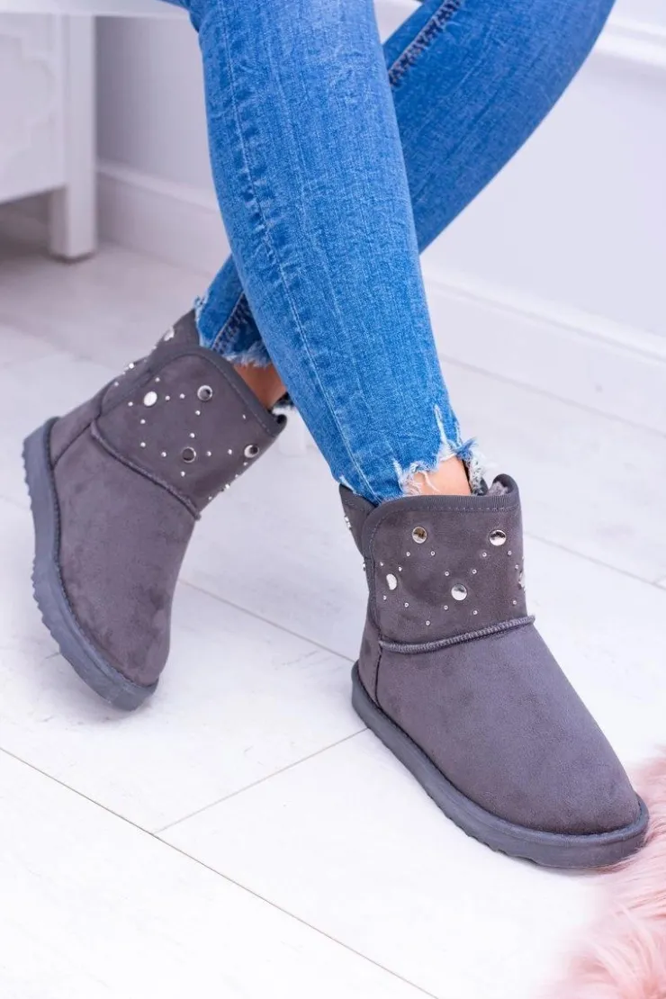 Boto Damskie Szare Ocieplane Botki Śniegowce Zamsz Biggy