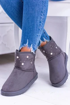 Boto Damskie Szare Ocieplane Botki Śniegowce Zamsz Biggy