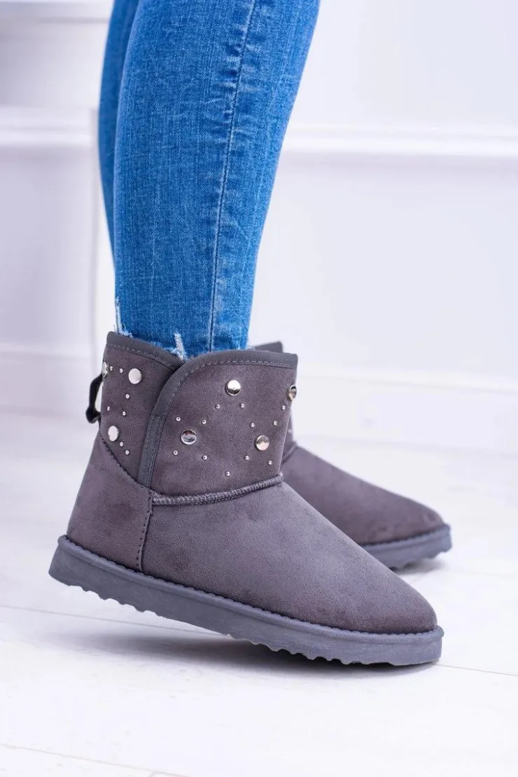 Boto Damskie Szare Ocieplane Botki Śniegowce Zamsz Biggy