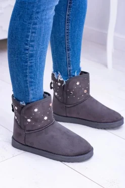 Boto Damskie Szare Ocieplane Botki Śniegowce Zamsz Biggy