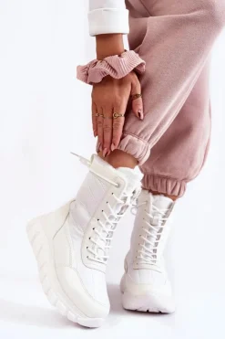 Buty damskie Vinceza Śniegowce Damskie|Botki Płaskie*Damskie Sznurowane Botki Śniegowce Na Platformie Biało-Beżowe Anubi