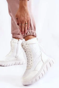 Buty damskie Vinceza Śniegowce Damskie|Botki Płaskie*Damskie Sznurowane Botki Śniegowce Na Platformie Biało-Beżowe Anubi