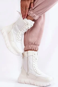 Buty damskie Vinceza Śniegowce Damskie|Botki Płaskie*Damskie Sznurowane Botki Śniegowce Na Platformie Biało-Beżowe Anubi