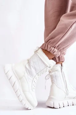 Buty damskie Vinceza Śniegowce Damskie|Botki Płaskie*Damskie Sznurowane Botki Śniegowce Na Platformie Biało-Beżowe Anubi