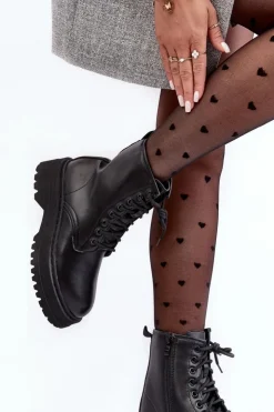 Hot Boto Damskie Sznurowane Botki Workery Na Grubej Podeszwie Czarne Biancis