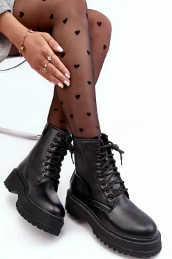 Hot Boto Damskie Sznurowane Botki Workery Na Grubej Podeszwie Czarne Biancis