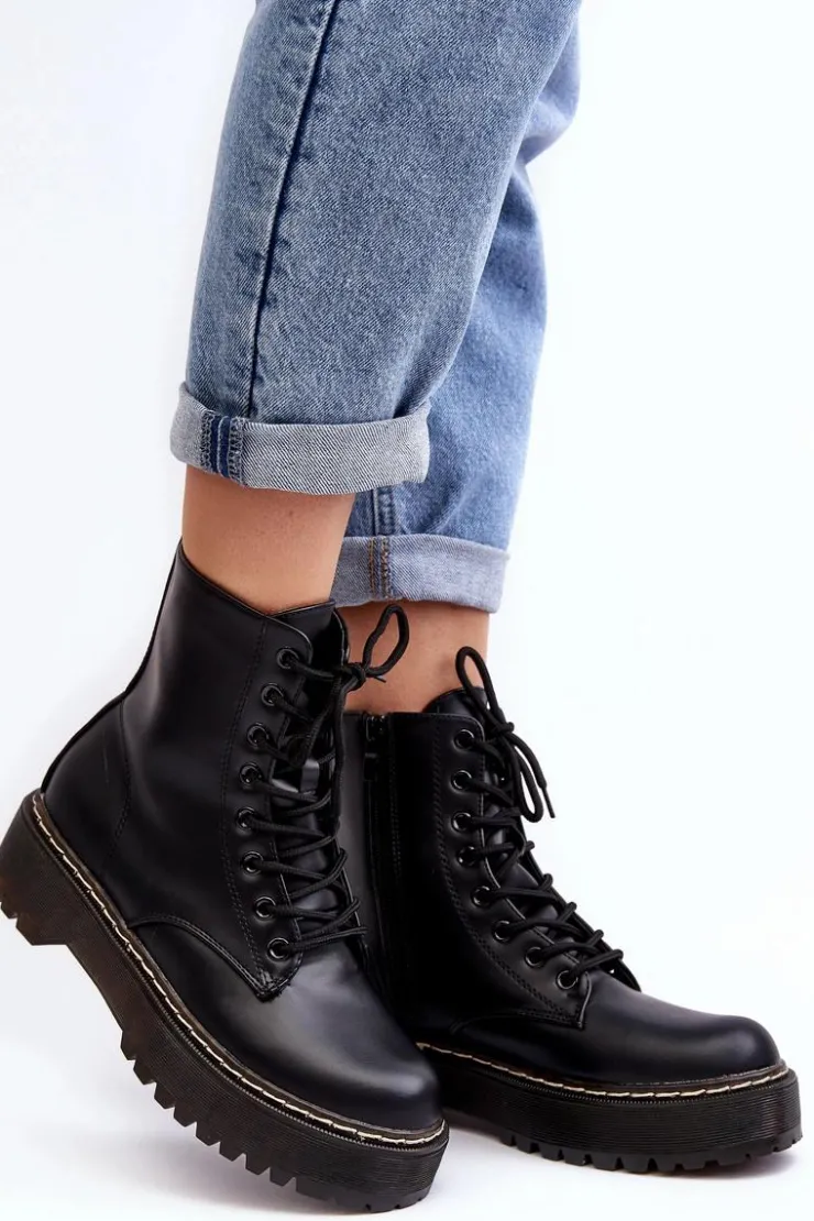 Boto Damskie Trapery|Botki Sznurowane*Damskie Sznurowane Botki Trapery Czarne Maddis