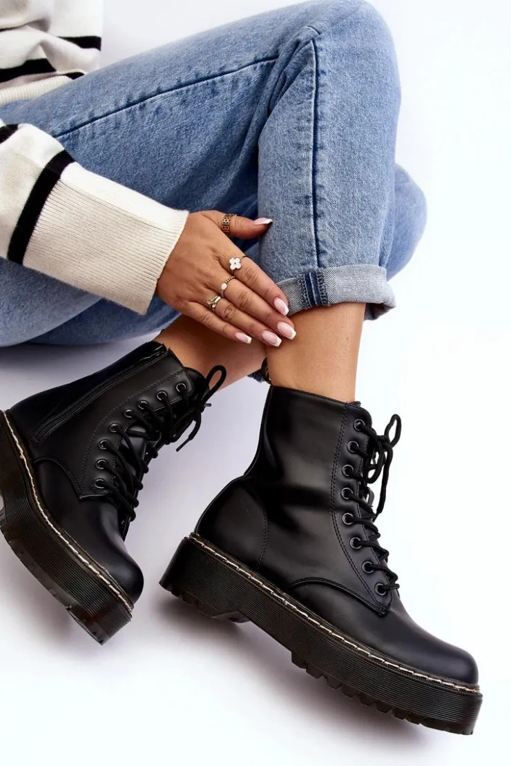 Boto Damskie Trapery|Botki Sznurowane*Damskie Sznurowane Botki Trapery Czarne Maddis