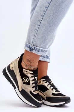 Damskie Evento Damskie Sznurowane Buty Sportowe Na Koturnie Czarno-Złote Genova