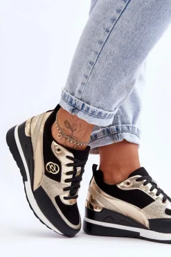 Damskie Evento Damskie Sznurowane Buty Sportowe Na Koturnie Czarno-Złote Genova