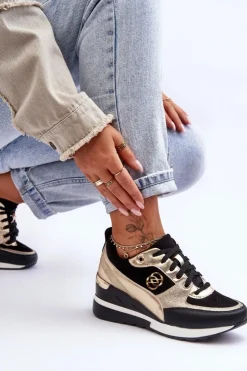 Damskie Evento Damskie Sznurowane Buty Sportowe Na Koturnie Czarno-Złote Genova