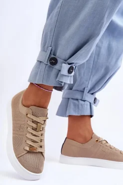 Outlet Boto Damskie Sznurowane Trampki Beżowe Etna