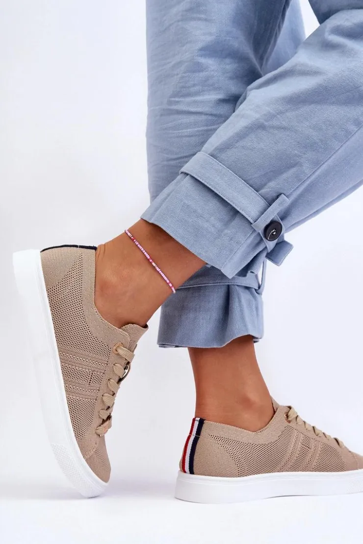 Outlet Boto Damskie Sznurowane Trampki Beżowe Etna