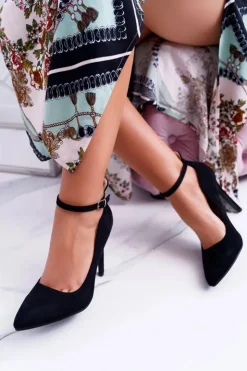 New Boto Damskie Szpilki Zapinane Wokół Kostki Zamszowe Czarne Holla