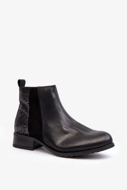 Boto Botki Wiosenne|Botki Ocieplane*Damskie Sztyblety Botki Na Płaskim Obcasie Z Cekinami Czarne Messio