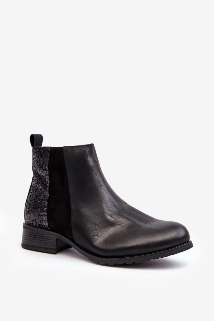 Boto Botki Wiosenne|Botki Ocieplane*Damskie Sztyblety Botki Na Płaskim Obcasie Z Cekinami Czarne Messio