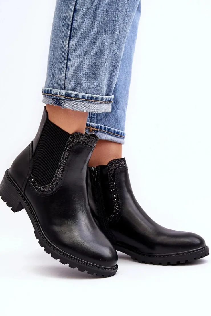 Best Boto Damskie Sztyblety Z Niską Cholewką Na Płaskim Obcasie Czarne Kassona