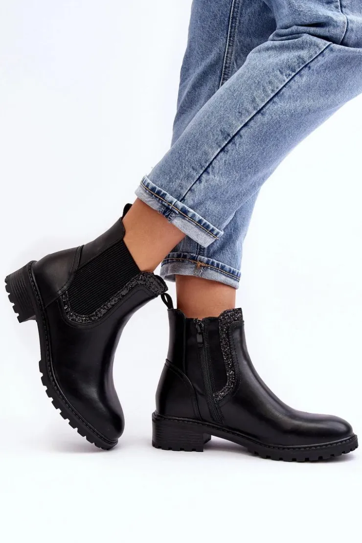 Best Boto Damskie Sztyblety Z Niską Cholewką Na Płaskim Obcasie Czarne Kassona