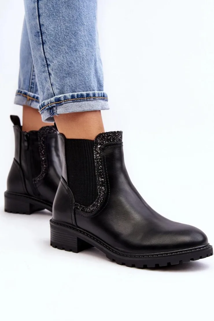 Best Boto Damskie Sztyblety Z Niską Cholewką Na Płaskim Obcasie Czarne Kassona