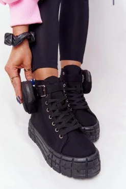 Boto Trampki Damskie Wysokie*Damskie Tenisówki Na Platformie Z Nerką Czarne Popcorn