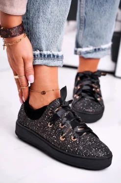 Laura Messi Damskie Trampki Eleganckie Skórzane Czarne 2045