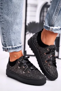 Laura Messi Damskie Trampki Eleganckie Skórzane Czarne 2045