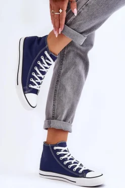 Boto Trampki Damskie Wysokie*Damskie Trampki Klasyczne Wysokie Granatowe Remos Niebieski