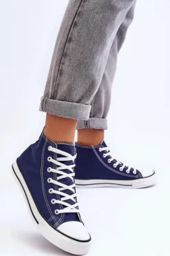 Boto Trampki Damskie Wysokie*Damskie Trampki Klasyczne Wysokie Granatowe Remos Niebieski