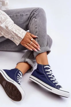 Boto Trampki Damskie Wysokie*Damskie Trampki Klasyczne Wysokie Granatowe Remos Niebieski