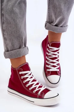 Boto Trampki Damskie Wysokie*Damskie Trampki Klasyczne Wysokie Bordowe Remos