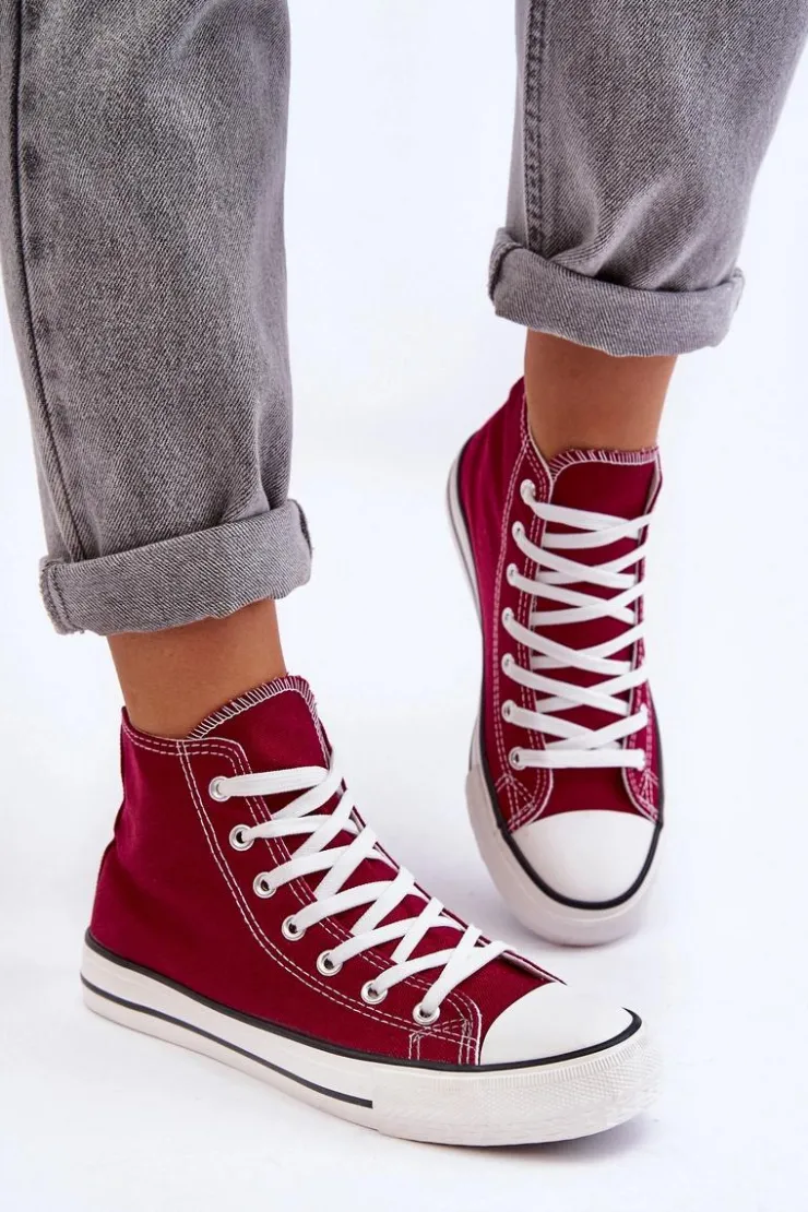 Boto Trampki Damskie Wysokie*Damskie Trampki Klasyczne Wysokie Bordowe Remos