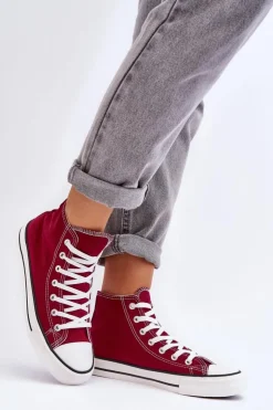 Boto Trampki Damskie Wysokie*Damskie Trampki Klasyczne Wysokie Bordowe Remos