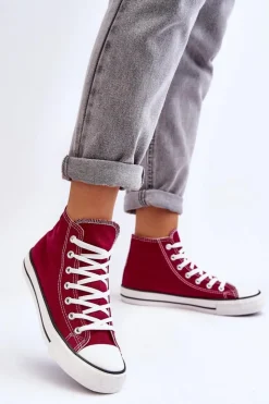 Boto Trampki Damskie Wysokie*Damskie Trampki Klasyczne Wysokie Bordowe Remos