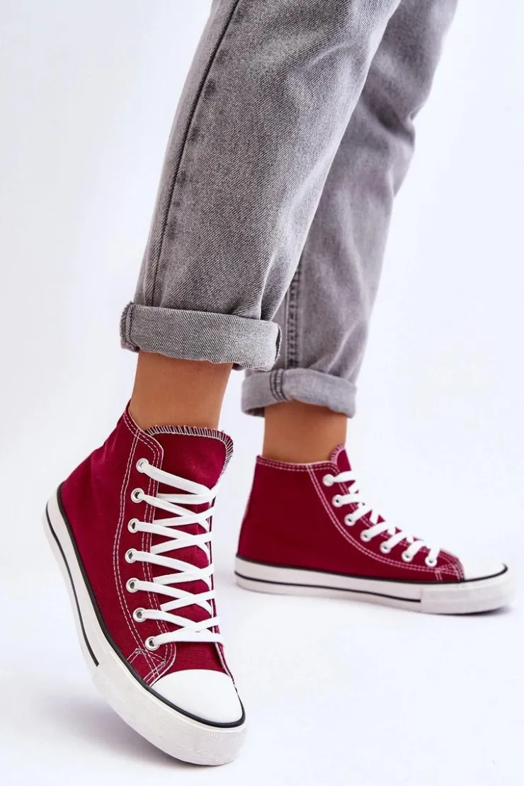 Boto Trampki Damskie Wysokie*Damskie Trampki Klasyczne Wysokie Bordowe Remos